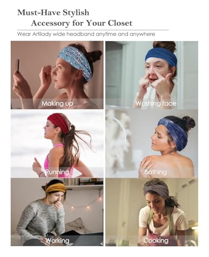 Artilady Wide Bandana Headbands for Women-Boho Bandeau Head Band Bohemian Paisley Red Headwrap Soft Athletic Elastic Sweat Non Slip Hair Bands for Curly Hair Accessories 6 PCS - color: Flower