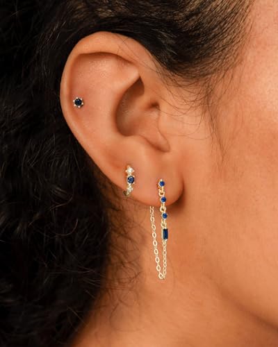 3 Pairs Small Earring Stacks, 14K Gold/Silver/Black/Rose Gold Plated Pearl Heart Butterfly Star Diamond Charm Drop Huggie Earrings Trendy Jewelry Gift for Women - color: Gold-Blue Chain