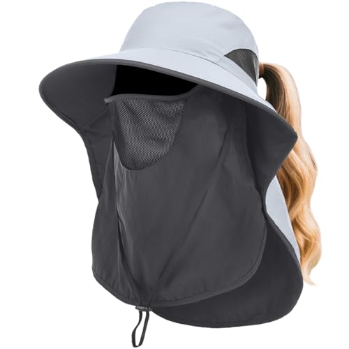 Womens Sun Hat Wide Brim UPF50+ Outdoor Sun Protection Ladies Fishing Hat with Neck Flap Detachable Face Cover - color: Light Grey