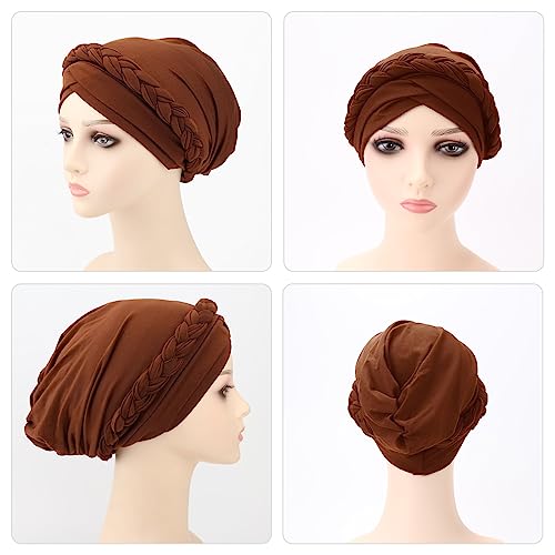 African Women Turban Caps Pre-Tied Twisted Turbans Head Scarf for Women Hair Wraps Cover Beanie Cancer Chemo Headwear - color: 1 Pack Twisted Braid A: Coffee