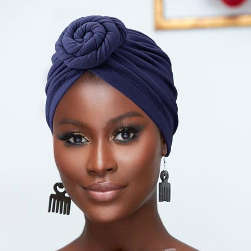 African Women Turban Caps Pre-Tied Twisted Turbans Head Scarf for Women Hair Wraps Cover Beanie Cancer Chemo Headwear - color: 1 Pack Twisted Braid Flower: Navy Blue