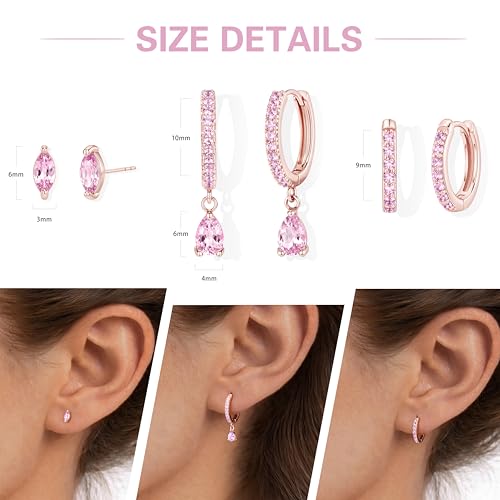 14K Gold Plated Small Huggie Hoop Earrings Set for Women, Hypoallergenic Dainty Sterling Silver Dangle Studs for Cartilage Helix, Lightweight Trendy Cute Stack Birthstone Jewelry Gift - color: 10_Pink Tourmaline_Oct_Rose Gold