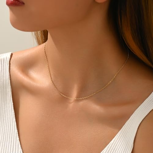 NONAMOIS Gold Chain Necklace for Women Dainty 18K Gold Plated Thin Satellite Beaded Turquoise Necklace Simple Layered Boho Jewelry Christmas Gifts - color: O Chain-Gold