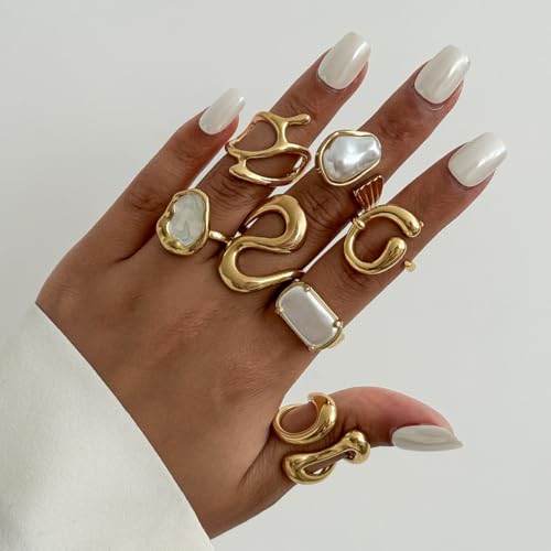 Chunky Gold Pearl Rings for Women Vintage Baroque Pearl Rings Set Open Stacking Pearls Ring Set Irregular Geometric Pearls Ring Boho Prom Costumes Fashion Jewelry Accessories - style: 7PCS