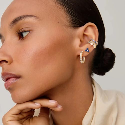 MEVECCO Ear Cuff Non Piercing for Women 18K Gold Plated Dainty Ear Cuff Earring Stacks Cartilage Clip On Wrap Huggie Minimalist Fake Piercings Open Hoops Jewelry Gifts - style: flower-blue