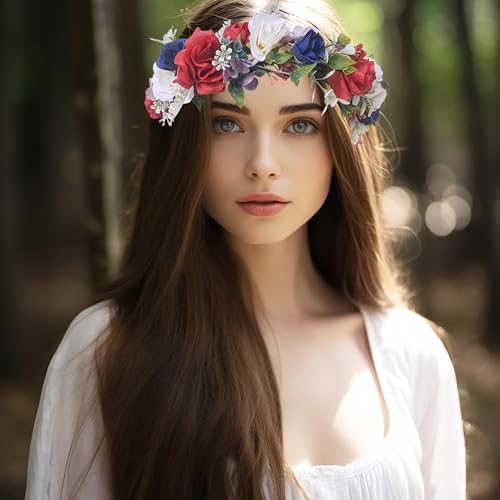 Vivivalue Wedding Floral Crown Women Flower Headband Hair Wreath Floral Headpiece Halo Boho with Ribbon Party Prom Festival Photos - color: D