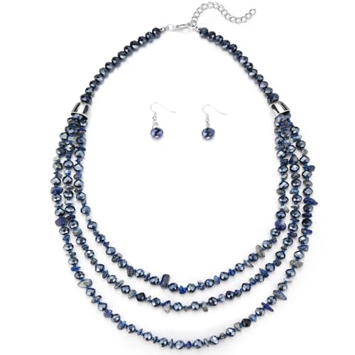 Errally Layered Beaded Statement Necklace Multi Strand Crystal Beads Collar Necklace and Earring Sets for Women Fashion Costume Jewelry Set Gifts for Her - color: 15-Blue