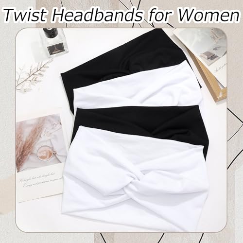 4 Pack Wide Headbands for Women Twist Headbands Stretchy Boho Turban Hair Band Non Slip Workout Women Head Wraps Accessories (Black White) - color: Black White