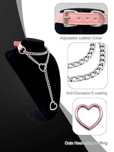 Black Leather Choker Collar For Women, Handmade Heart Slip Chain Choker Long Necklace with Adjustable Buckle - color: B-Pink-Silver-Pink, size: 18''chain