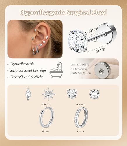 Incaton Hypoallergenic Flat Back Earrings for Women Silver 14K Gold Plated Surgical Stainless Steel Stud Earrings Cubic Zirconia Cartilage Studs Earrings For Multiple Piercing Sensitive Ears - color: K-Silver