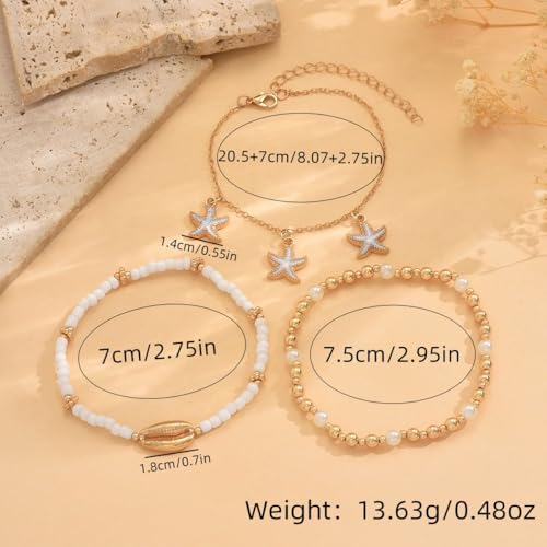 INENIMARTJ Shell Anklet Bracelet for Women Gold and White Beaded Elastic Stack Ankle Bracelet Hawaiian Beach Seashell Starfish Anklet Puka Shell Starfish Foot Jewelry for Women Beach Accessories - style: style C
