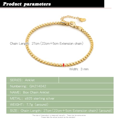 Dankadi Women 925 Sterling Silver Anklets Bracelet Men Simple Chopin/Box Chain/Twist Rope Chain Summer Beach Foot 24k Gold Plated Jewelry Gift - color: Box Chain Gold, size: 30cm
