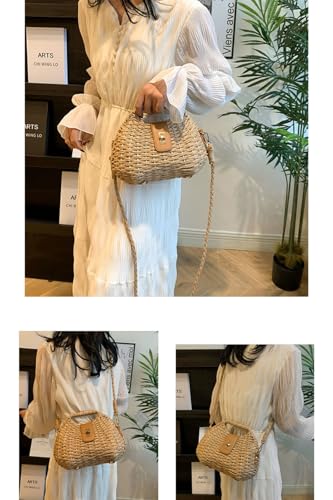 Handmade Straw Woven Bag Beach Clutch Purses Women Vacation Shell Shoulder Crossbody Summer Dumpling Handbag Basket Tote - color: A-khaki