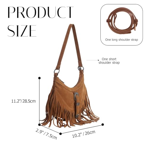 Fringe Hobo Purse for Women,Western Small Fringed Shoulder Bag Vegan Suede Hippie Crossbody Bag with Tassel - color: Brown