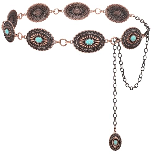 XZQTIVE Women Boho Chain Belts For Dresses Jeans Western Cowgirl Waist Links Belt Adjustable Metal Concho Belt - size: Fit Waist upto 36inches, style: Red Bronze