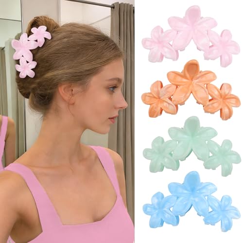 4Pcs Cute Hawaiian Flower Claw Hair Clips for Women Pink Green Large Claw Clips for Thick Thin Hair Strong Hold Beach Hair Accessories for Women and Girls - color: 15-Colorful