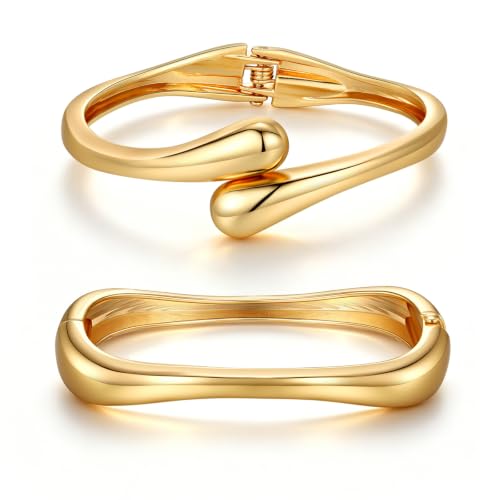 Chunky Gold Bangle Bracelets for Women Trendy 14K Gold Plated Cuff Bracelets Stack, Dainty Gold Bracelet Sets Non Tarnish Fashion Jewelry Gift - style: 2pcs-Gold-WaveTwinDrop