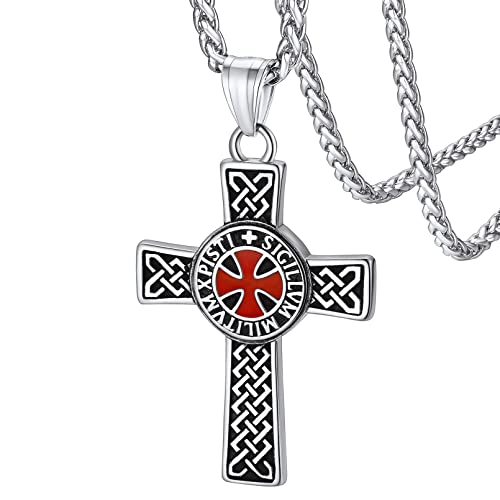 FaithHeart Knights Templar Necklace for Men, Christian Necklace for Men Stainless Steel Pendant Neckalces Christian Gifts with Gift Box - color: 05. Cross-Silver(Custom)