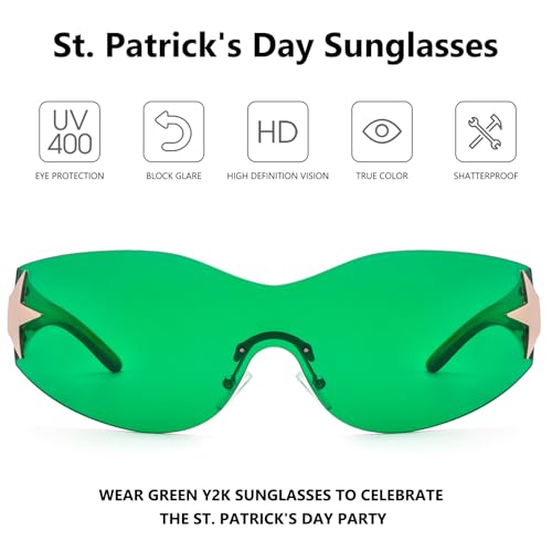 Rimless Y2K Sunglasses for Women Men Wrap Around Fashion Sunglasses Oversized Frameless Trendy Sun Glasses - color: Green Frame / Green Lens