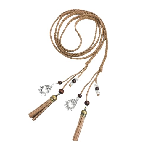Women's Waist Belts Woven Tassels Chain Belt Skinny Rope Belt for Skirt Dress Boho Style - color: Kaki