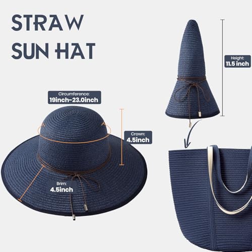 Sun Hats for Women, Straw Hats UPF 50+ Sun Protection, Wide Brim Womens Beach Hat for Summer Travel - color: Navy Blue