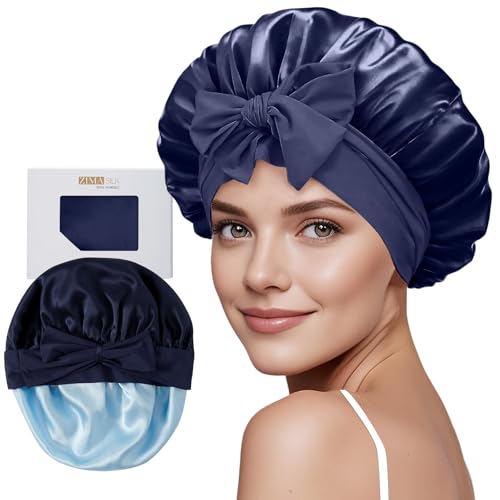 ZIMASILK 100% Mulberry Silk Bonnet for Sleeping Women Long Hair Double Layer Silk Hair Wrap with Tie Band Stay On Head (1Pc, Navy Blue) - color: Navy Blue