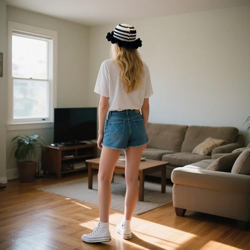 Handmade Crochet Bucket Hat for Women Boho Chic Slouchy Design Colorblock Ruffled Brim Festival&Daily Crochet Hat - color: Black and White Stripe