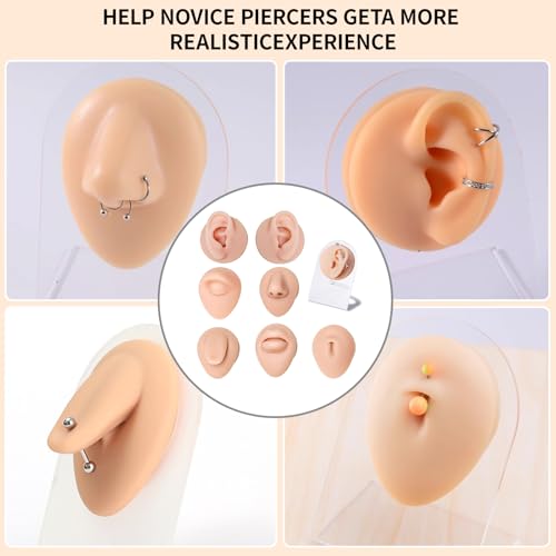Piercing Kit Silicone Model Body Part Displays Set, 8pcs Soft Body Piercing Practice Model Kit with Display Holder,Soft Fake Tongue Mouth Nose Eye Navel Ear 5D Model Training Tool Kit for Piericng