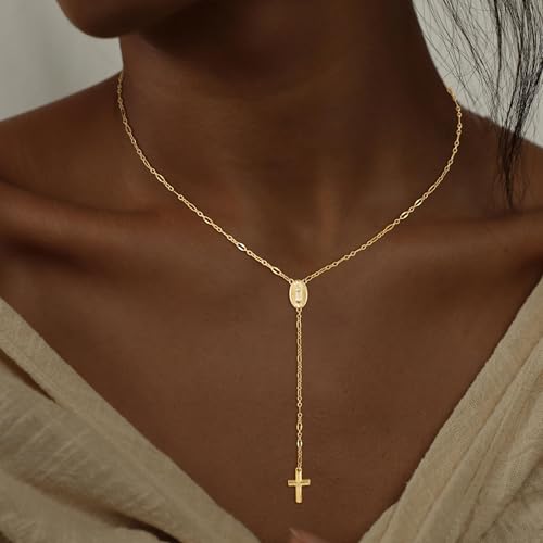 CHESKY Long Necklaces for Women, 14k Gold Plated/Streling Silver Lariat Necklace Dainty Statement Prom Necklace Rosary Cross Sun Drop Pendant Dangle Necklace Gold Prom Jewelry for Women Gifts - style: y necklace 01