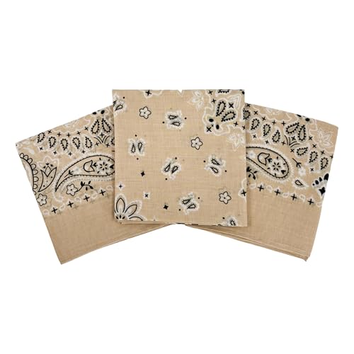 Bandanas for Women and Men，3 Pack Super Soft Thin 60s Preium Cotton 22 inch Handkerchiefs - color: Beige