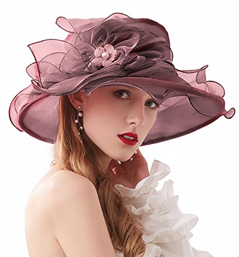 ORIDOOR Women’s Organza Church Tea Party Wedding Fascinator Derby Hat Wide Brim Sun Hats - color: C9-dark Purple