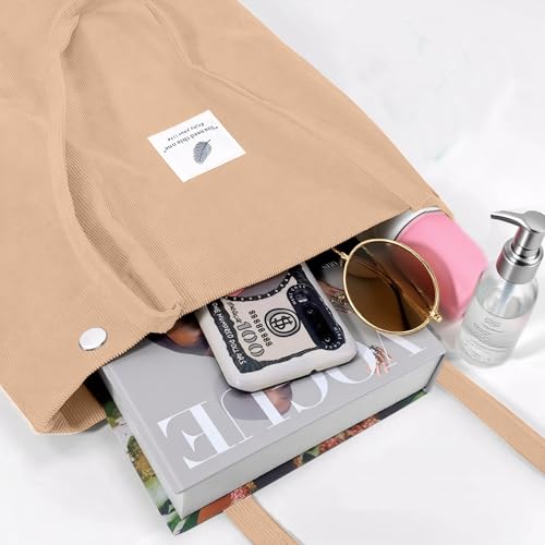 Corduroy Tote Bag for Women Small Canvas Shoulder Purse Cord Handy Bag with Inner Pocket | with Front Pocket - color: 02 Khaki