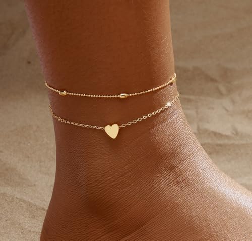 2/3 PCS Gold Anklets for Women Waterproof Cuban Link Anklet Beaded Bracelets Stackable Bracelets 14K Gold Plated Custom Jewelry Gifts Non Tarnish Lightweight - style: Gold Anklet 04