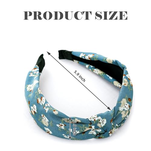 3-Piece Top Knotted Floral Pattern Headbands for Women & Girls, Cute Flower Print Knot Headband, Non Slip Fashion Hair Bands Hairbands (Blue) - color: Blue