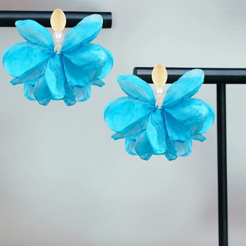 Handmade Fabric Flower Petal Fringe Dangle Drop Earrings Bohemian Floral Tassel Stud Earrings For Women - color: Sky Blue
