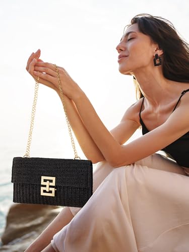 SWEETV CHUNLI Straw Purse Woven Beach Bag Summer Clutch Purse Boho Crossbody Bags for Women Small Raffia Shoulder Bag - color: Black