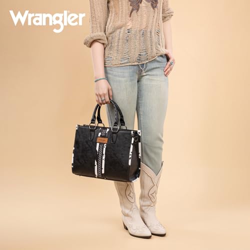 Montana West Wrangler Animal Print Tote Bag for Women Western Purse Boho Top Handle Satchel Handbag - color: Cow Black