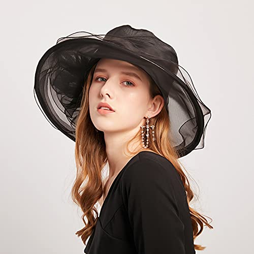 ORIDOOR Women’s Organza Church Tea Party Wedding Fascinator Derby Hat Wide Brim Sun Hats - color: F-black