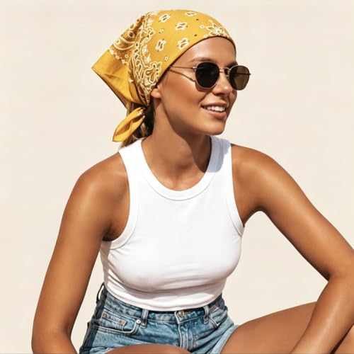 Junvena 27 Inch Extra Large Bandana 100% Cotton,Soft Thin Breathable Headband for Men Women, Solid & Paisley - color: Golden 3 Pack
