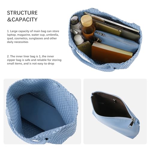Woven Tote Bag Womens Purse Vegan Leather Shoulder Handbags Fashion Summer Beach Tote Bags Large Travel Totes - color: Blue