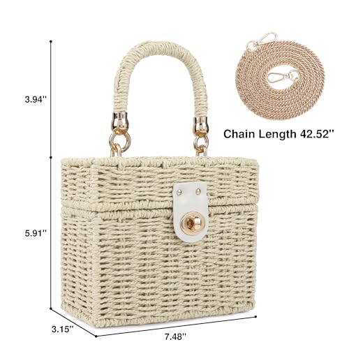 Handwoven Rattan Bag for Women Wicker Crossbody Shoulder Bag Straw Beach Tote Bag Top Handle Satchel Handbag with Chain Strap - color: Beige