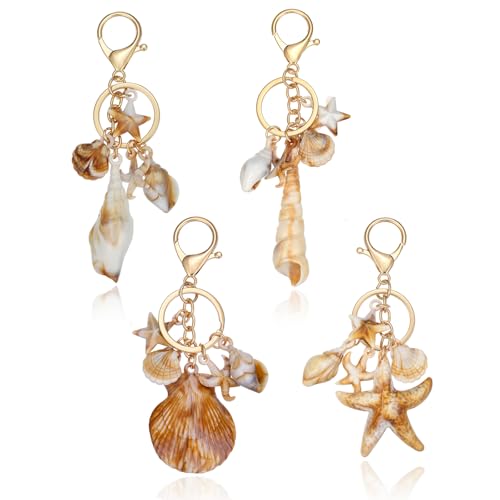 4 Pcs Ocean Themed Keychains for Women - Resin Seashell Starfish Boho Beach Bag Charms with Gold-Plated, Summer Vacation Purse Backpack Pendant Key Ring Gifts