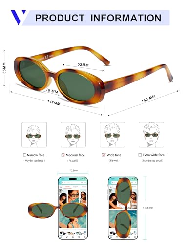 VANLINKER Polarized Retro Oval Sunglasses for Women and Men Small 90s Style VL9580 - color: C13 Amber Frame/Green Lens