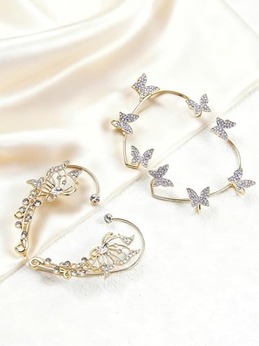 2Pcs Rhinestone Butterfly Earrings Ear Cuffs Non-Pierced Fake Earrings Butterfly Climber Wrap Around Earring Dainty Adjustable Ear Clip Jewelry for Women - color: StyleA-2 Pairs-Gold