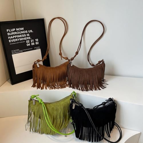 Women's Vegan Suede Fringe Crossbody Bag, Boho Crescent Shoulder Crossbody Purse, Retro Tassel Hippie Small Handbag Tote - color: Black