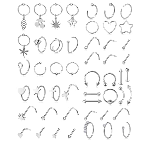 50Pcs Punk Eyebrow Nose Septum Earrings Tragus Cartilage Helix Daith Stud Lip Labret Rings Body Jewelry Set Stainless Steel Body Piercing Jewelry For Women Ornaments