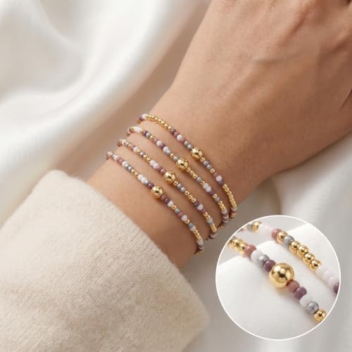 Boho 4Pcs Stack Colorful Small Seed Beaded Bracelets Set for Women, Cute Handmade Dainty Trendy Gold Plated Stretch Accessories Thin Glass Jewelry, Summer Daily Party Friendship Gift - color: Purple Gray