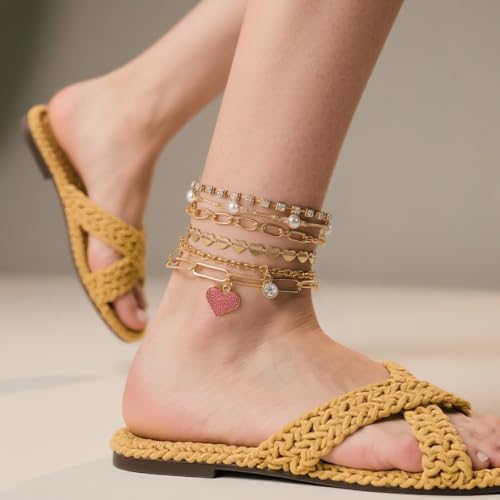 16 Pcs Gold/Silver Anklet Bracelets for Women Cuban chain Heart-shaped Beads Layered Adjustable Size Beach Daily Party - color: golden
