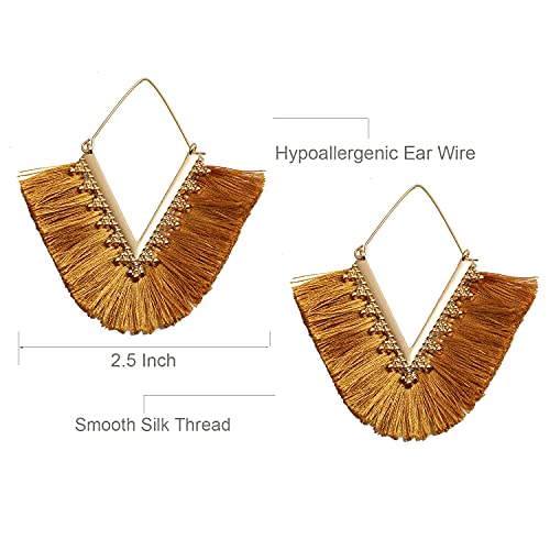 Tassel Hoop Earring Statement Thread Dangle Earrings Stylish Long Fringe Drop Earrings Lightweight Long Swingy French Hook Earrings for Women - color: A Brown