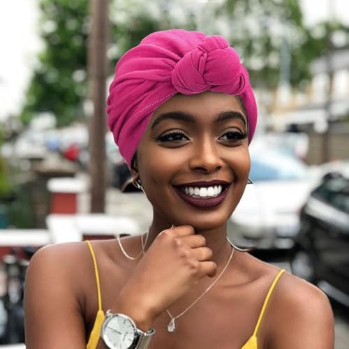DRESHOW 5 Pack Knotted Headwraps for Women African Turban Pre-Knotted Beanie Headwraps Hair Covers - color: 5 Pack Knotted: Mustard/Rose/Khaki/Teal/Black